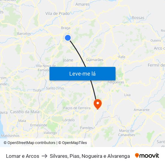Lomar e Arcos to Silvares, Pias, Nogueira e Alvarenga map