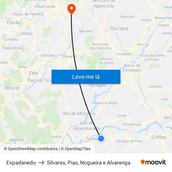 Espadanedo to Silvares, Pias, Nogueira e Alvarenga map