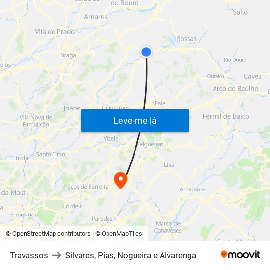 Travassos to Silvares, Pias, Nogueira e Alvarenga map