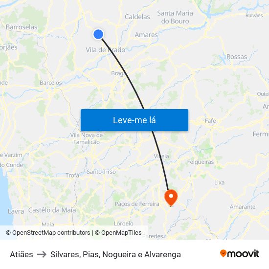 Atiães to Silvares, Pias, Nogueira e Alvarenga map