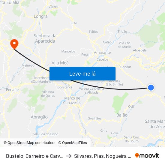 Bustelo, Carneiro e Carvalho de Rei to Silvares, Pias, Nogueira e Alvarenga map
