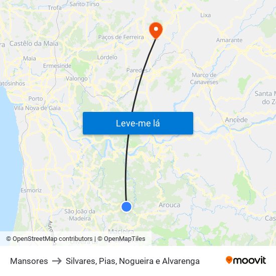 Mansores to Silvares, Pias, Nogueira e Alvarenga map