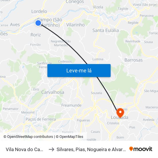 Vila Nova do Campo to Silvares, Pias, Nogueira e Alvarenga map