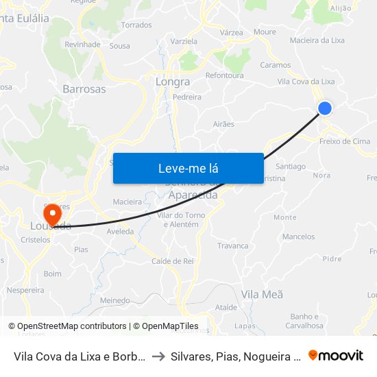 Vila Cova da Lixa e Borba de Godim to Silvares, Pias, Nogueira e Alvarenga map