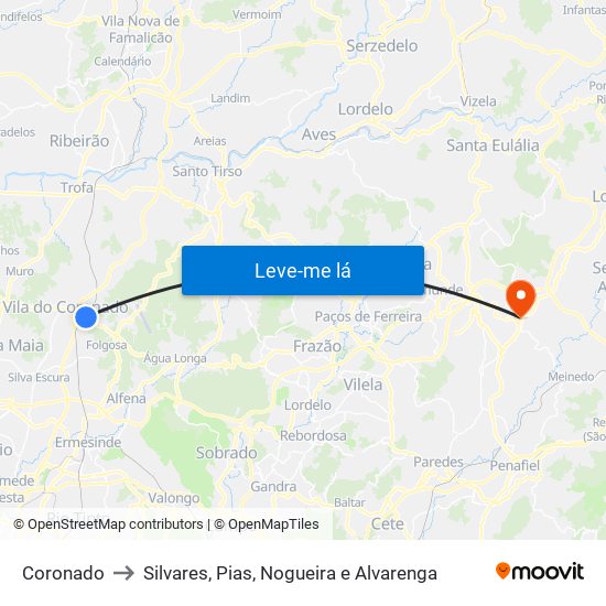 Coronado to Silvares, Pias, Nogueira e Alvarenga map