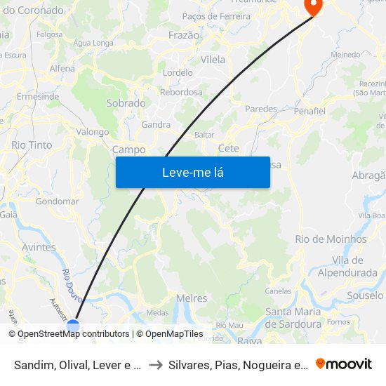 Sandim, Olival, Lever e Crestuma to Silvares, Pias, Nogueira e Alvarenga map