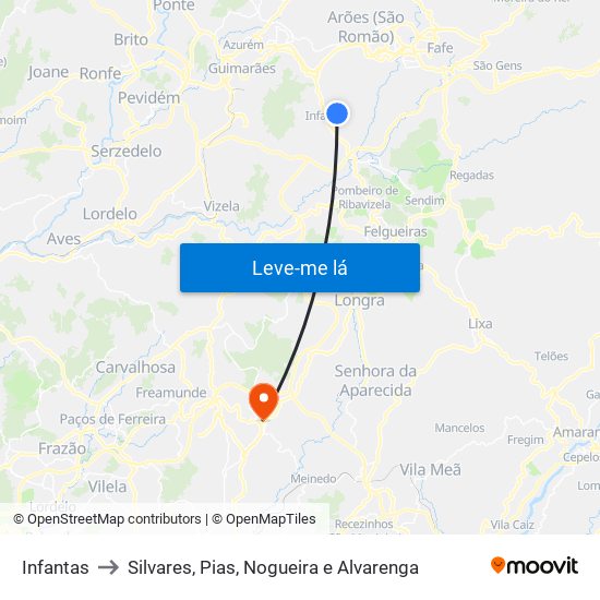 Infantas to Silvares, Pias, Nogueira e Alvarenga map