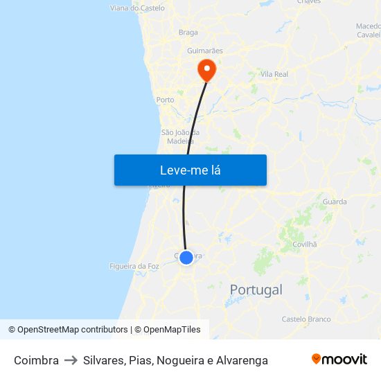 Coimbra to Silvares, Pias, Nogueira e Alvarenga map