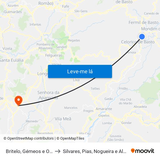 Britelo, Gémeos e Ourilhe to Silvares, Pias, Nogueira e Alvarenga map