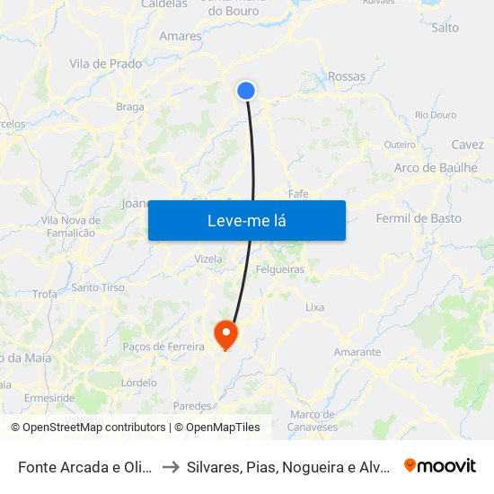 Fonte Arcada e Oliveira to Silvares, Pias, Nogueira e Alvarenga map
