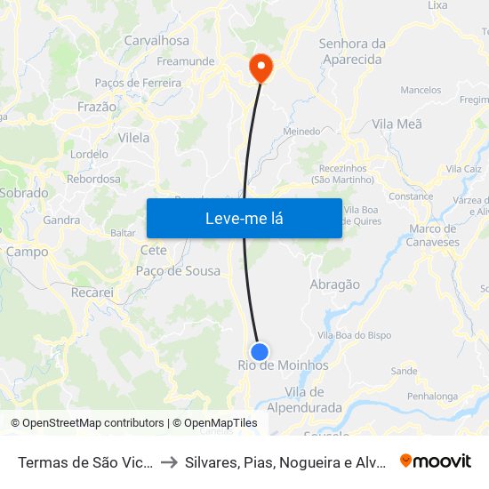 Termas de São Vicente to Silvares, Pias, Nogueira e Alvarenga map