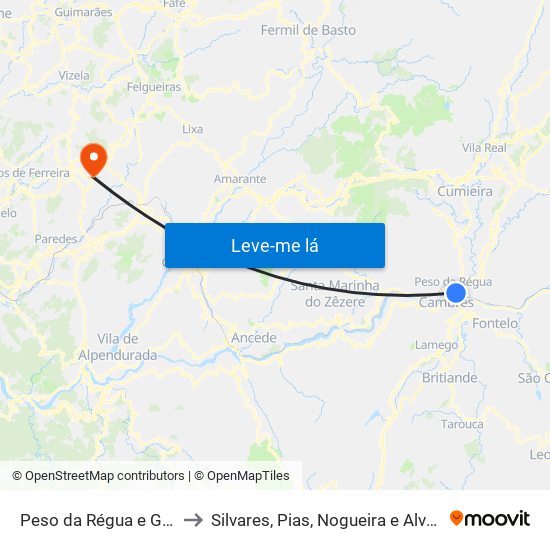Peso da Régua e Godim to Silvares, Pias, Nogueira e Alvarenga map