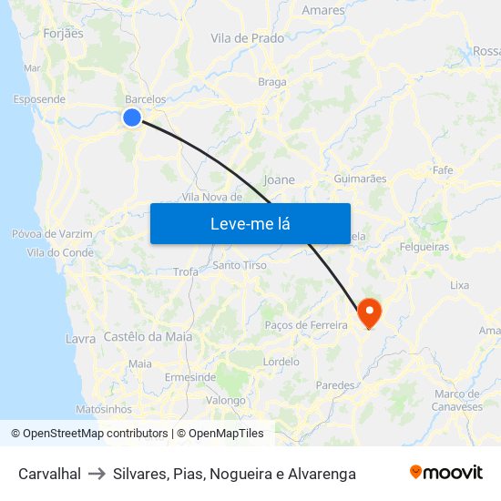 Carvalhal to Silvares, Pias, Nogueira e Alvarenga map