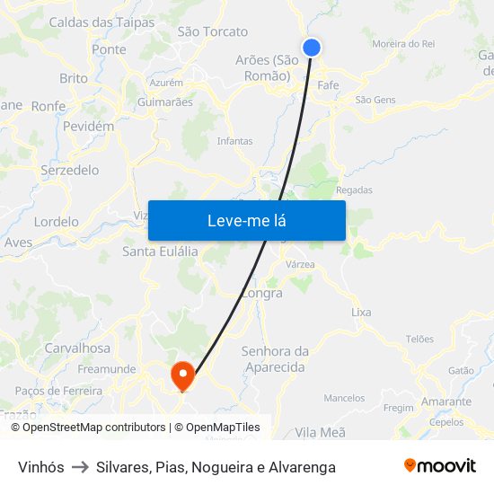 Vinhós to Silvares, Pias, Nogueira e Alvarenga map