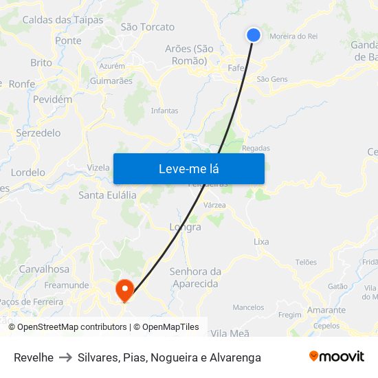 Revelhe to Silvares, Pias, Nogueira e Alvarenga map