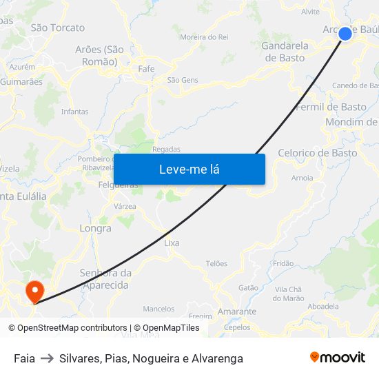 Faia to Silvares, Pias, Nogueira e Alvarenga map