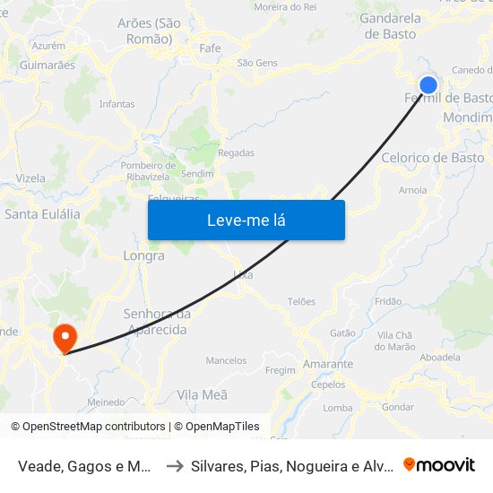 Veade, Gagos e Molares to Silvares, Pias, Nogueira e Alvarenga map