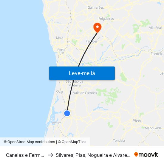 Canelas e Fermelã to Silvares, Pias, Nogueira e Alvarenga map