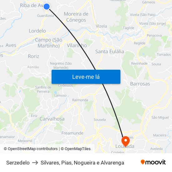 Serzedelo to Silvares, Pias, Nogueira e Alvarenga map