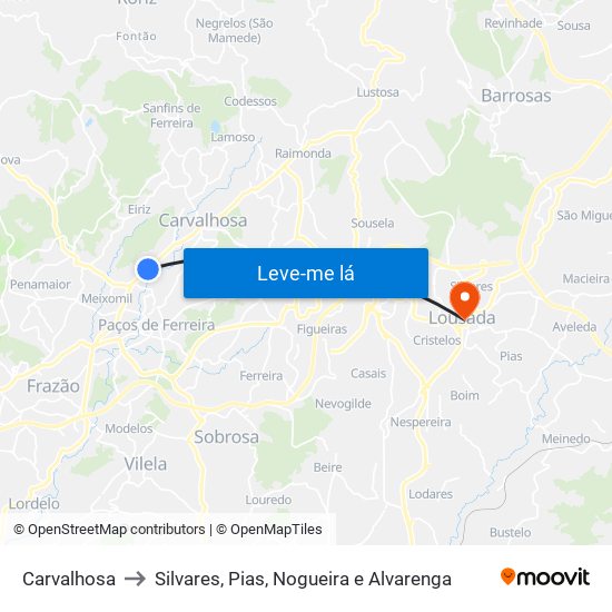 Carvalhosa to Silvares, Pias, Nogueira e Alvarenga map