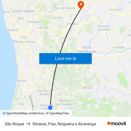 São Roque to Silvares, Pias, Nogueira e Alvarenga map