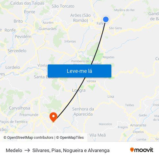 Medelo to Silvares, Pias, Nogueira e Alvarenga map
