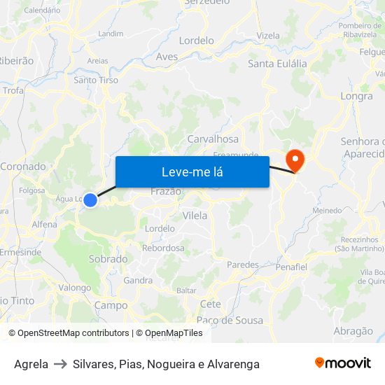 Agrela to Silvares, Pias, Nogueira e Alvarenga map