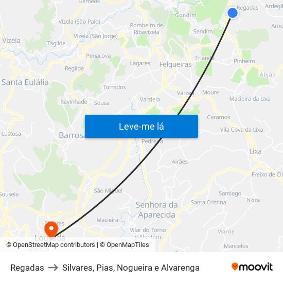 Regadas to Silvares, Pias, Nogueira e Alvarenga map