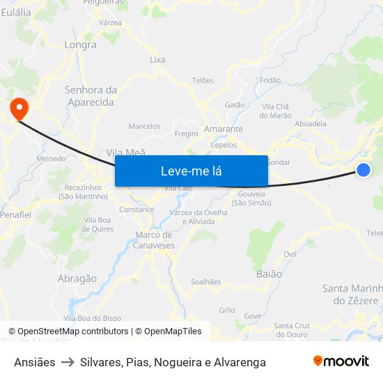 Ansiāes to Silvares, Pias, Nogueira e Alvarenga map