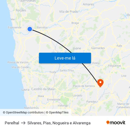 Perelhal to Silvares, Pias, Nogueira e Alvarenga map