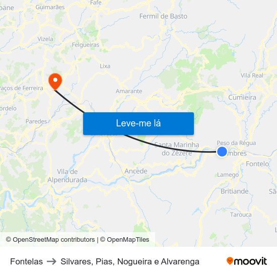 Fontelas to Silvares, Pias, Nogueira e Alvarenga map