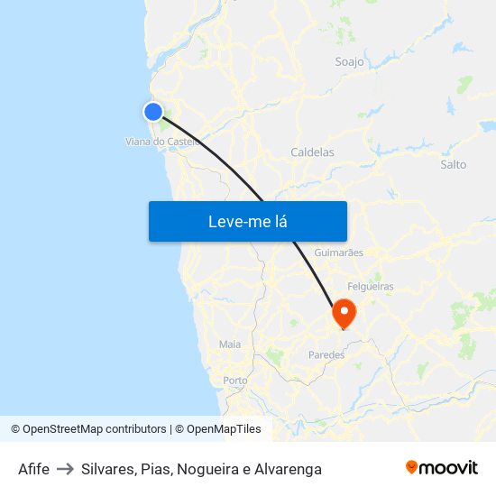 Afife to Silvares, Pias, Nogueira e Alvarenga map