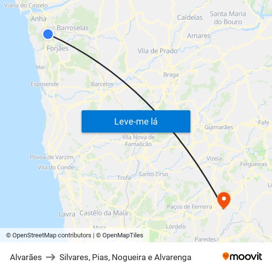 Alvarães to Silvares, Pias, Nogueira e Alvarenga map