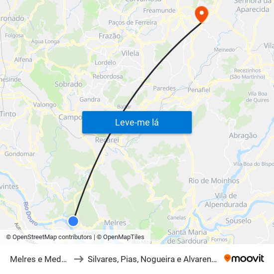 Melres e Medas to Silvares, Pias, Nogueira e Alvarenga map