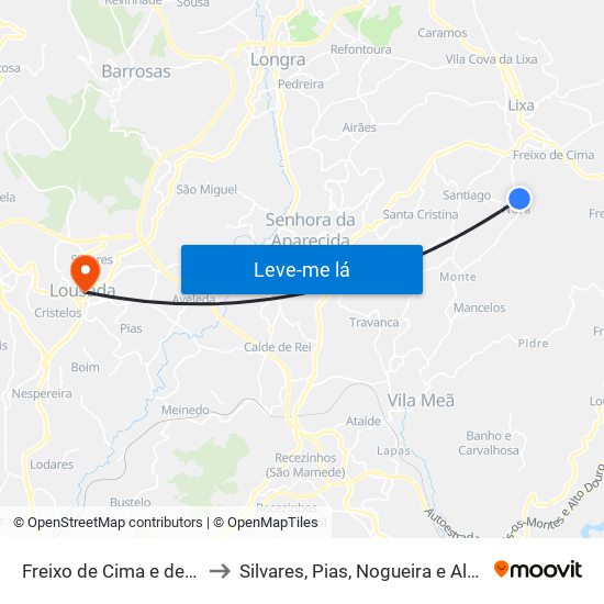 Freixo de Cima e de Baixo to Silvares, Pias, Nogueira e Alvarenga map