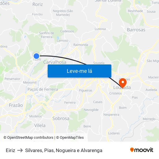 Eiriz to Silvares, Pias, Nogueira e Alvarenga map