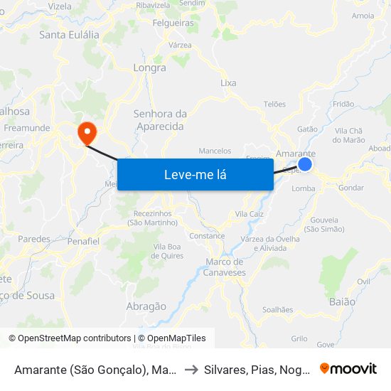Amarante (São Gonçalo), Madalena, Cepelos e Gatão to Silvares, Pias, Nogueira e Alvarenga map