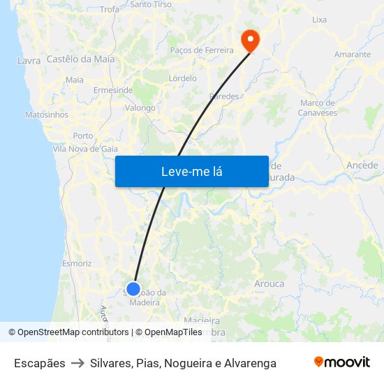 Escapães to Silvares, Pias, Nogueira e Alvarenga map