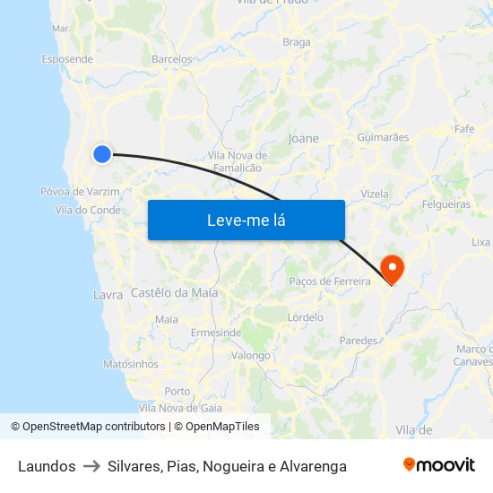 Laundos to Silvares, Pias, Nogueira e Alvarenga map