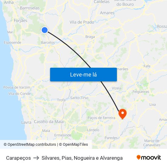 Carapeços to Silvares, Pias, Nogueira e Alvarenga map