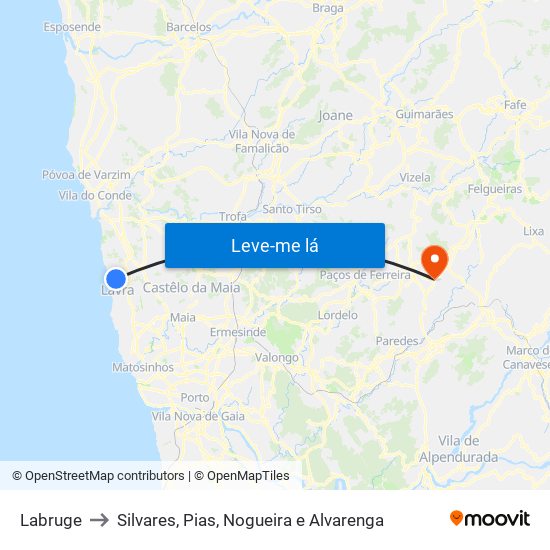 Labruge to Silvares, Pias, Nogueira e Alvarenga map