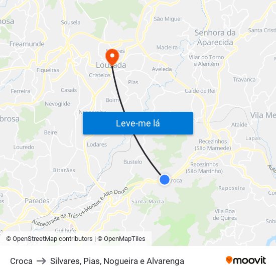 Croca to Silvares, Pias, Nogueira e Alvarenga map