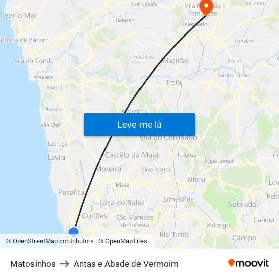 Matosinhos to Antas e Abade de Vermoim map