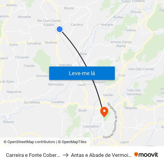 Carreira e Fonte Coberta to Antas e Abade de Vermoim map