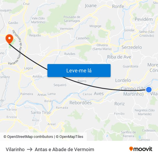 Vilarinho to Antas e Abade de Vermoim map