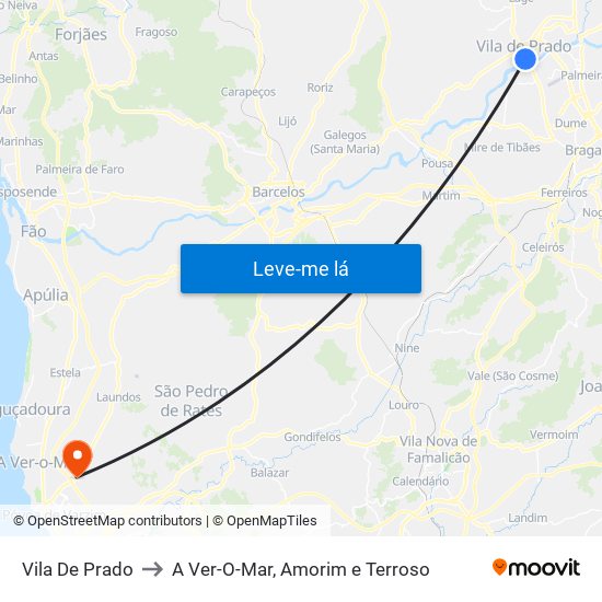 Vila De Prado to A Ver-O-Mar, Amorim e Terroso map