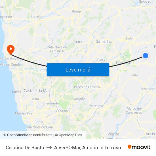 Celorico De Basto to A Ver-O-Mar, Amorim e Terroso map