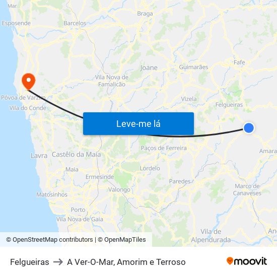 Felgueiras to A Ver-O-Mar, Amorim e Terroso map