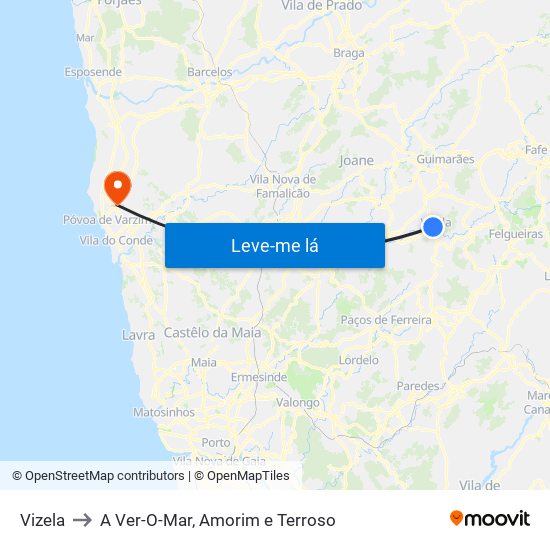 Vizela to A Ver-O-Mar, Amorim e Terroso map