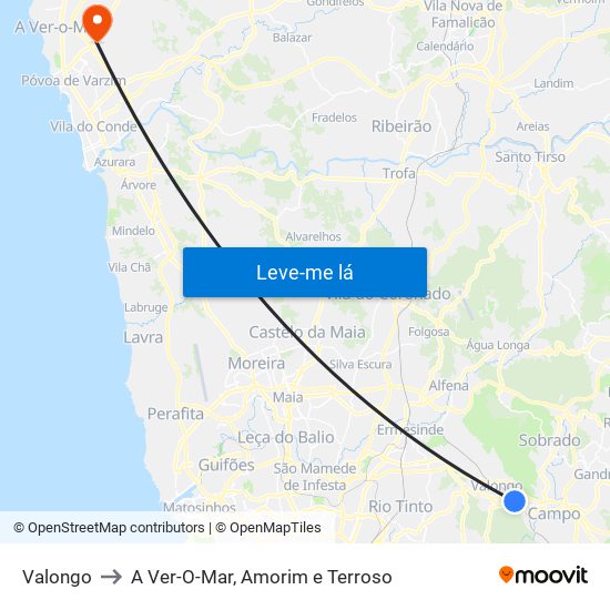 Valongo to A Ver-O-Mar, Amorim e Terroso map
